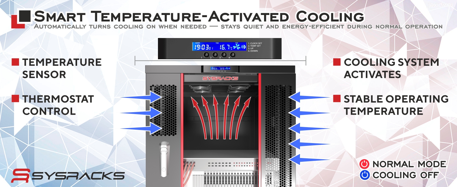 Server rack showing cool air drawn in through side panels and warm air rising toward top fans.