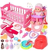 DRAMATION 12'' Interactive Baby Doll Set with Crib and High Chair, 32 PCS Baby Doll Toys Make 12 ...