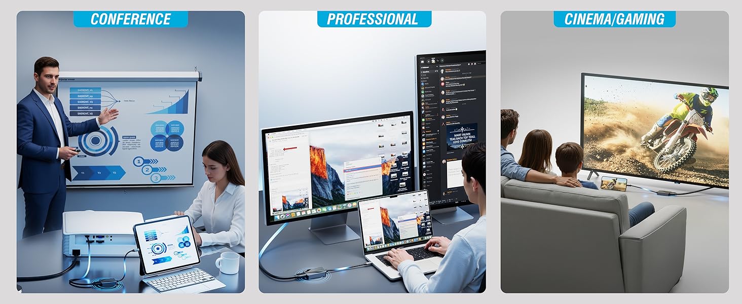 Series of corporate office scenes showing people working at desks with computers and in meeting settings, presented in a horizontal strip layout.
