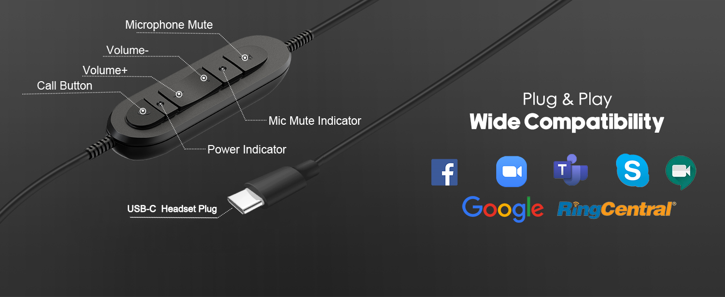 Type C USB headset, USB-C headset for work,headset with in-line controller