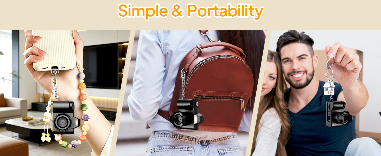 Text reads 'Simple &amp; Portability'. Three-panel image showing laptop workspace, brown backpack, and person holding keys.