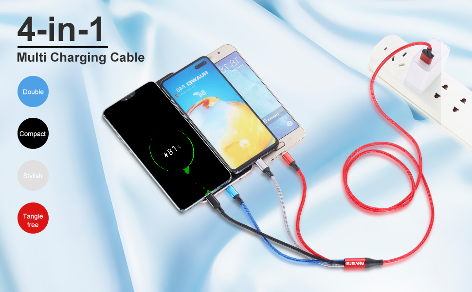 Text reads '4-in-1 Multi Charging Cable'. Illustration showing blue background with multiple devices connected by red charging cables and circular icons.