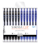 Zebra Pen Sarasa Clip gel retractable pens in packaging, blue and black ink colors, 12 Pack