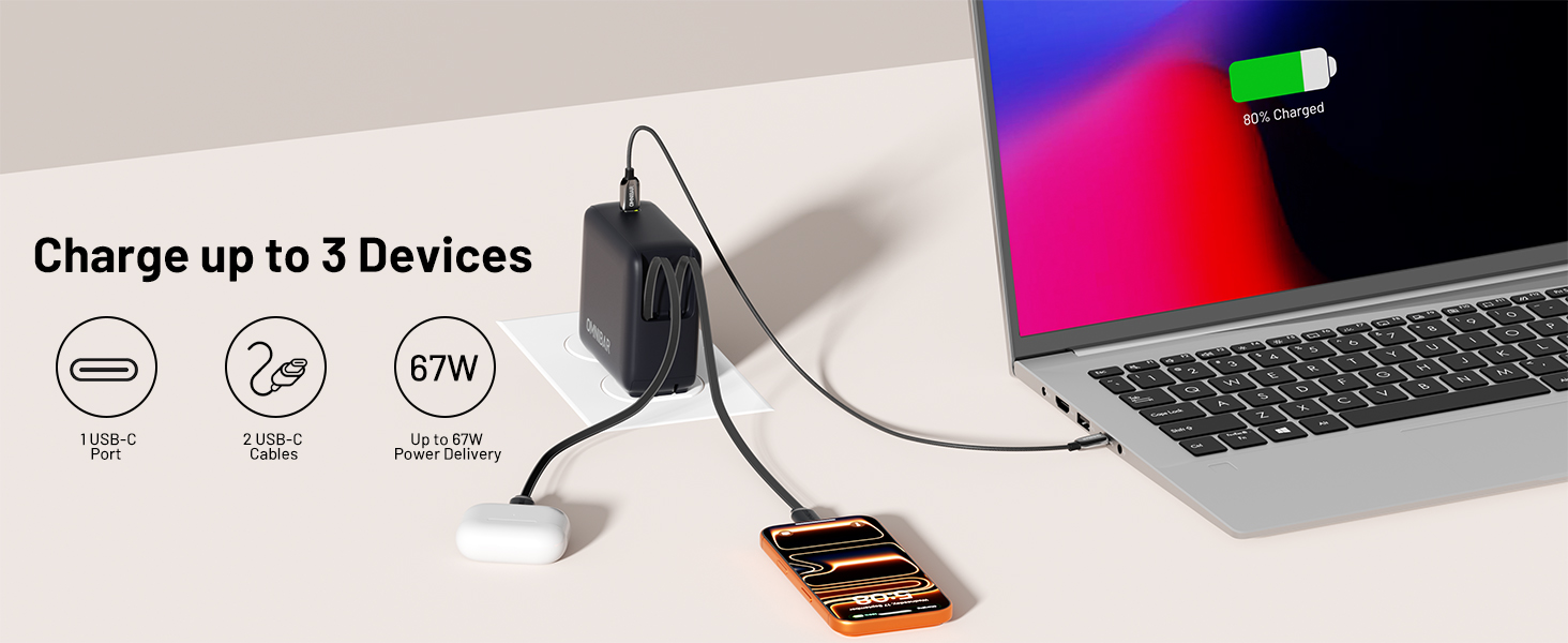 67W Type C Charger Fast Charging, Charging 3 Devices at Once