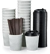 [100 Pack] 8oz Disposable Coffee Cups, Paper Coffee Cups With Lids &amp; Straws, Insulated Ripple Pap...