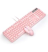 Pink Mechanical Gaming Keyboard and Mouse Combo Blue Switch 104 Keys White Backlit Keyboards, 7 B...