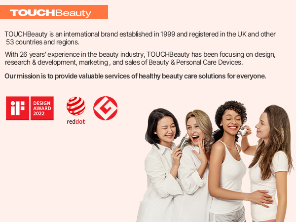 TOUCHBeauty logo and brand information, including awards and mission statement. Group of women in white clothing smiling together, representing beauty and personal care.