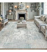 WondRg 8x10 Washable Area Rug Blue Cream Abstract Living Room Bedroom Carpet Neutral Modern Non-S...