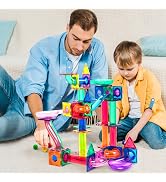 PicassoTiles 100pc Magnetic Marble Run Set with Racing Track Tiles Funnels Curved Slopes and Stee...