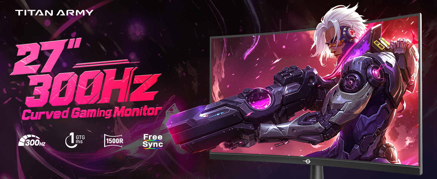 Text reads '300Hz'. Gaming-themed graphic with purple and pink neon aesthetic featuring dramatic character artwork.
