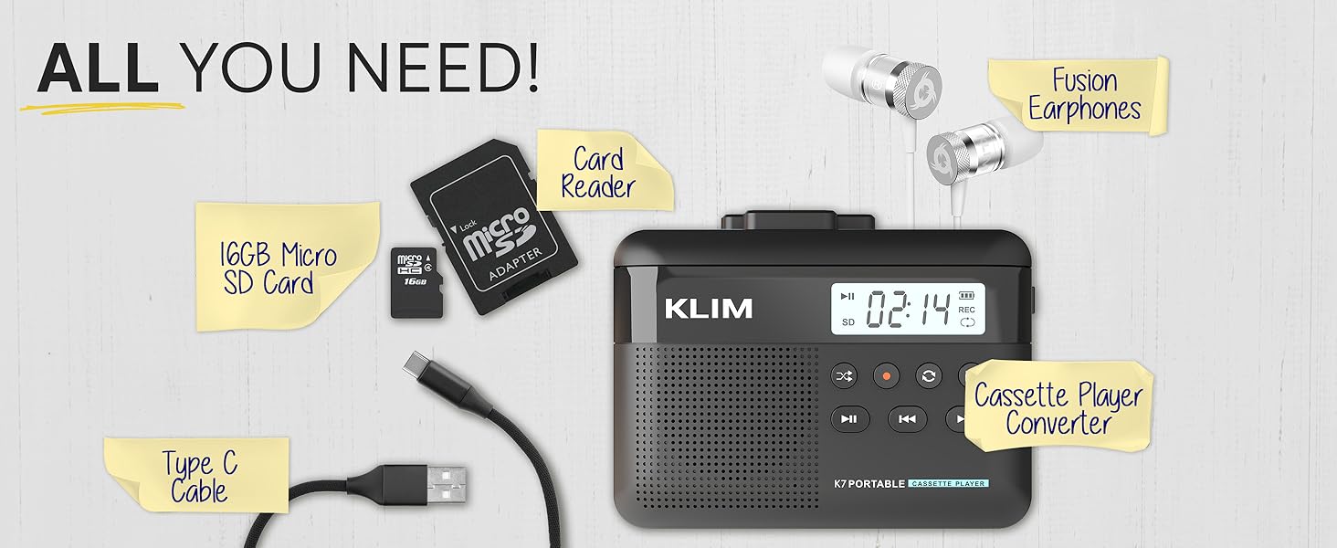Text reads 'ALL YOU NEED!' Annotated product layout showing KLIM device with time display, accessories and connection points labeled with yellow sticky notes.