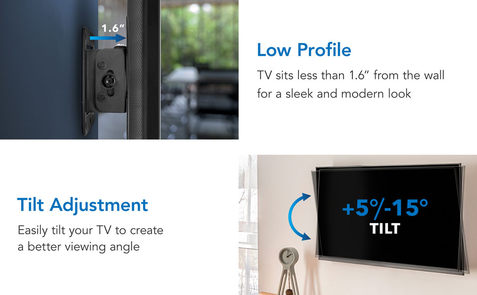 Low profile 1.6" from wall tilt adjust viewing angle