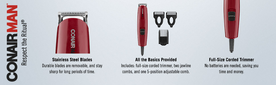 ConairMAN Beard Trimmer, Mustache trimmer, Durable Stainless Steel Blades, full-size corded trimmer