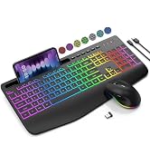 Wireless Keyboard and Mouse Combo, 9 Backlit Effects, Wrist Rest, Phone Holder, 2.4G Lag-Free Erg...