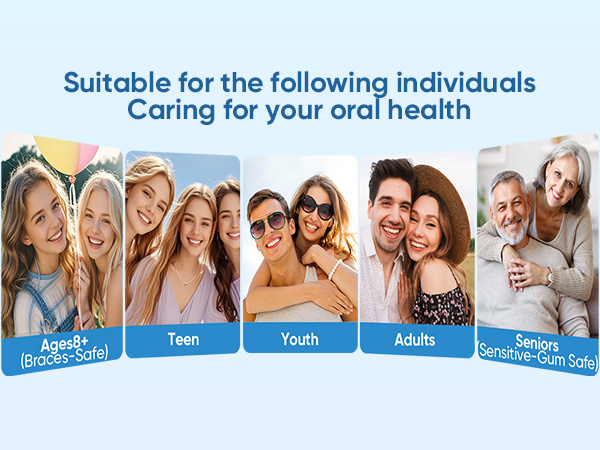 Text reads 'Suitable for the following individuals Caring for your oral health'. Marketing banner showing age progression from youth to seniors with categories labeled: Teen, Youth, Adults, Seniors.