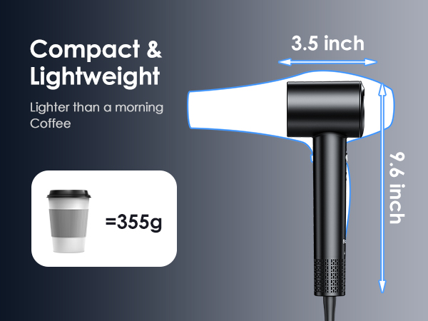 Compact and lightweight hair dryer showing size dimensions