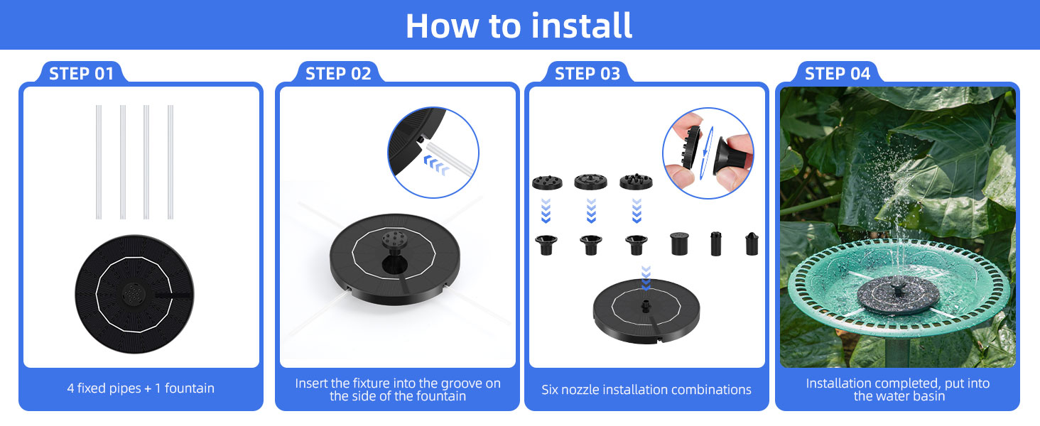 Our solar fountain for bird bath is very easy to assemble and use