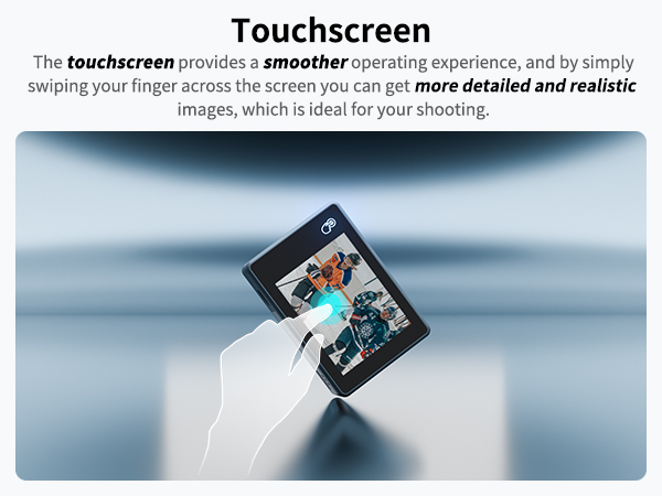 Black touchscreen device held over water. Screen displays vibrant image of person in pool, demonstrating device's waterproof capabilities.