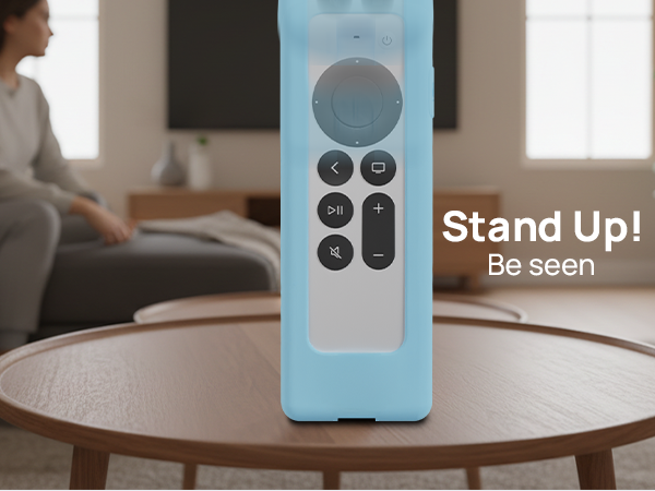 Siri Remote with GripStand case standing upright on table, easy to find in living room