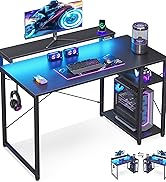 MOTPK Gaming Desk with Led Lights &amp; Power Outlet, 40 Inch Small Gaming Computer Desk with Shelves...