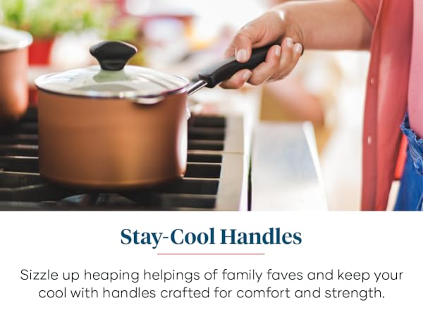 Farberware stay cool handles on saucepan over gas stove.