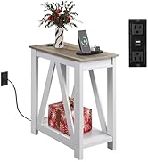 WLIVE Farmhouse End Table, Narrow Side Table with Charging Station, Slim End Table, Side Table fo...