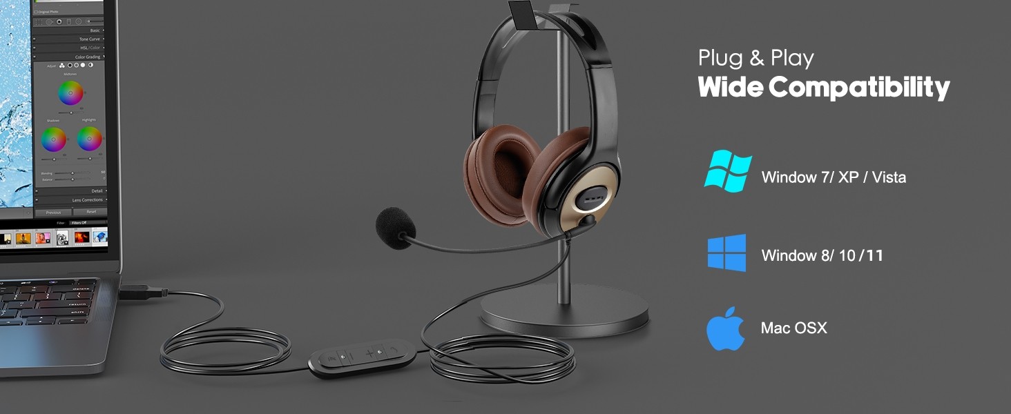 Wired USB headset for Laptop, Over Ear Headset for Work, Office Headset Wired