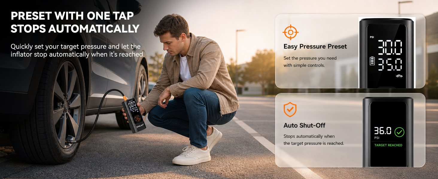Driver sets target tire pressure before the cordless inflator stops automatically.