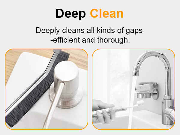Text reads 'Deep Clean' and 'Deeply cleans all kinds of gaps -efficient and thorough'. Series of images showing cleaning tool being used in various gaps and corners.