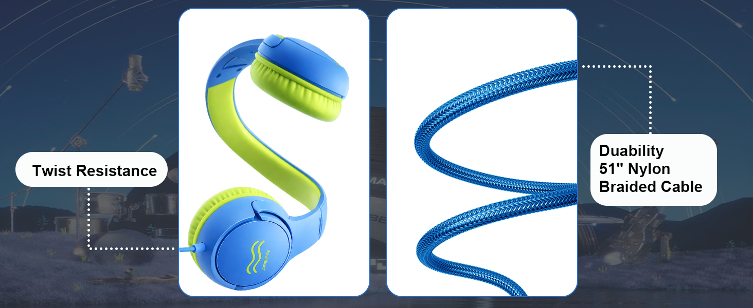 Durable wired kids headphones with volume limiter and built-in microphone for long-lasting comfort