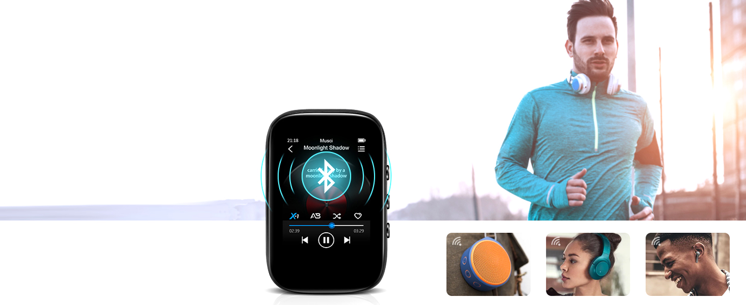 Smartwatch with circular interface displaying compass-like graphic. Inset images show person jogging and various fitness tracking features.