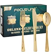 FOCUSLINE 300 Pack Gold Plastic Cutlery Set - 100 Forks, 100 Knives, 100 Spoons - Disposable Flat...