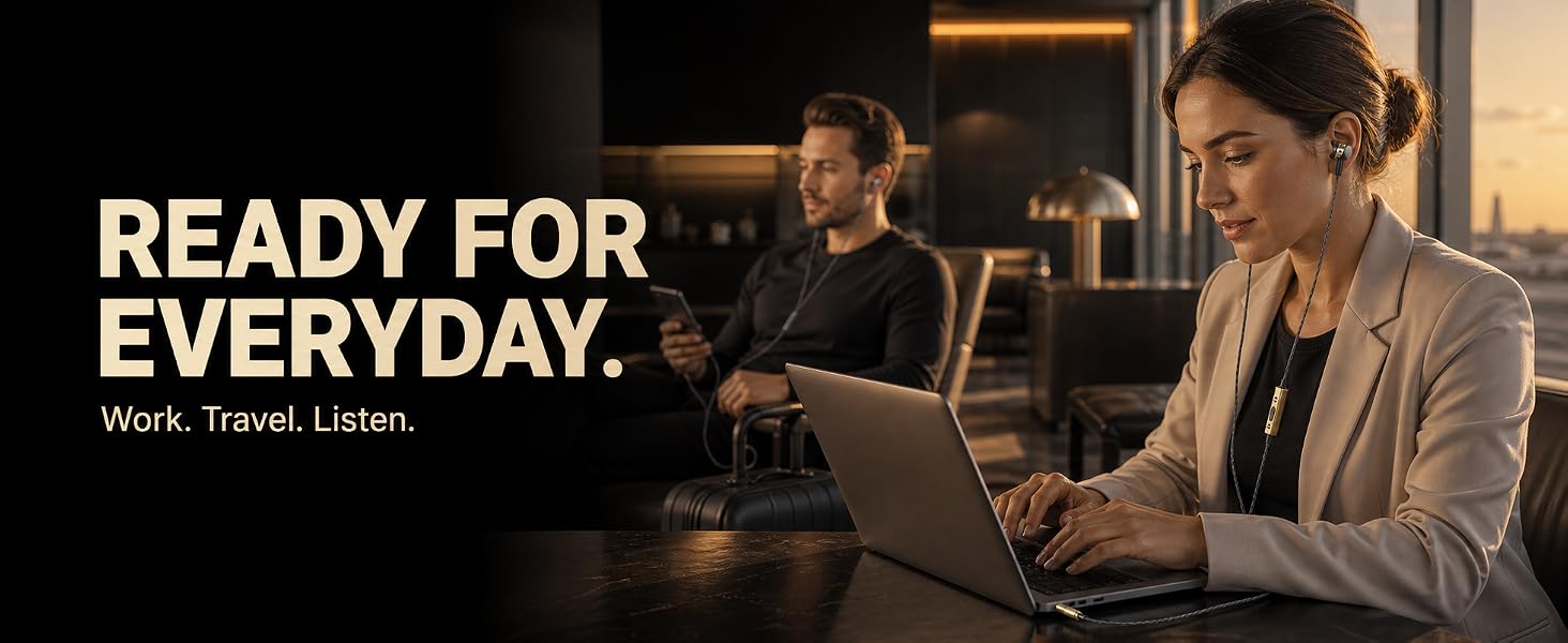 Man and woman using wired earbuds while travelling and working in a modern airport lounge