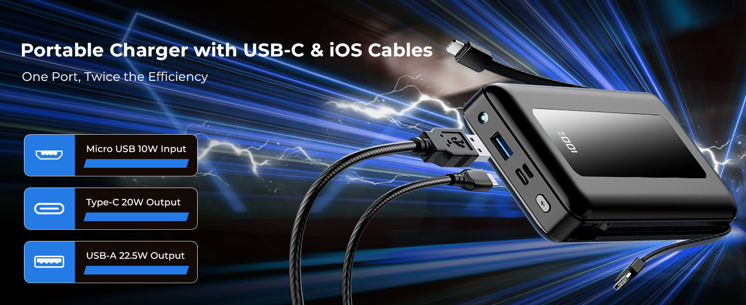 Portable Charger with USB-C &amp; iOS Cables