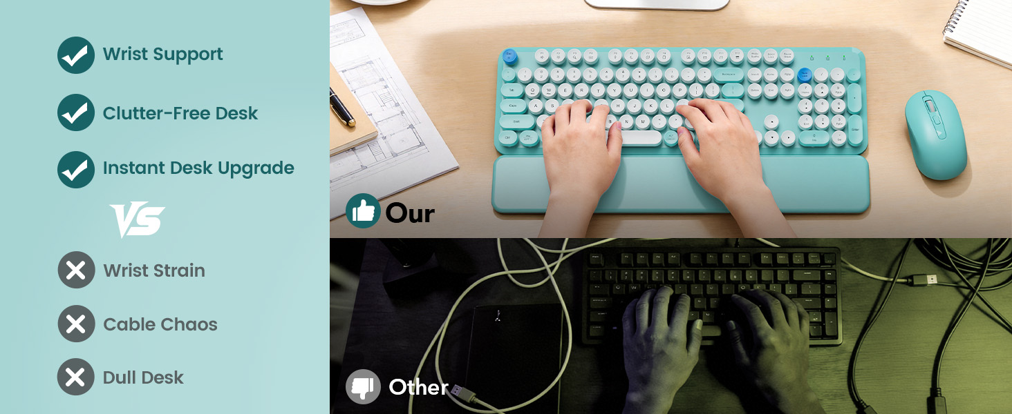 typing on wireless keyboard mouse with wrist rest clean desk setup compared to messy wired keyboard