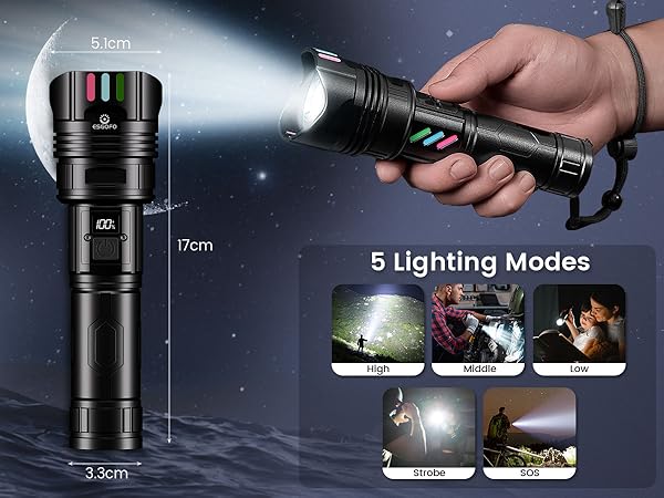 Black tactical flashlight with dimensions 17cm length, featuring 5 lighting modes demonstrated in small preview images showing different brightness levels and beam patterns.