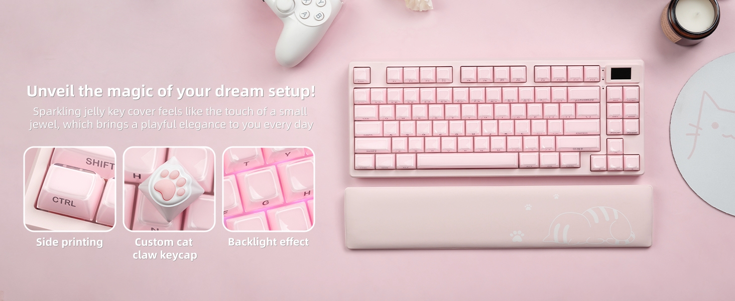 Pink Wireless Mechanical Keyboard 75% with Color Multimedia Screen Gaming Keyboard