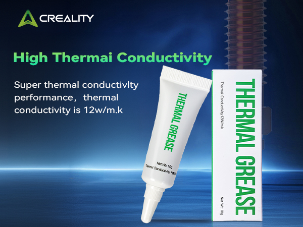 Creality thermal grease product display showing tube and box packaging. Features text highlighting high thermal conductivity of 12w/m.k against blue backdrop.