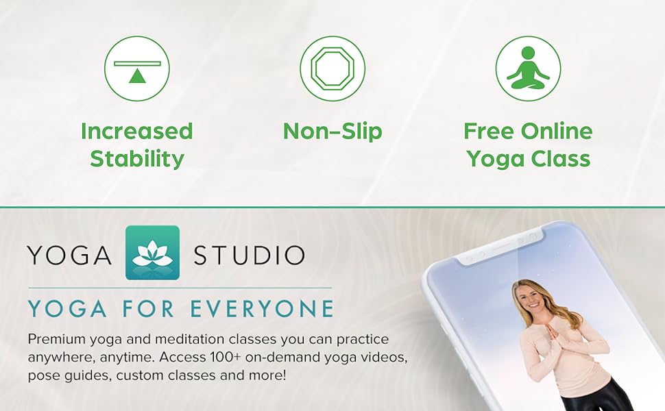 Icons showing increased stability non slip surface and free online yoga class for Gaiam knee pads
