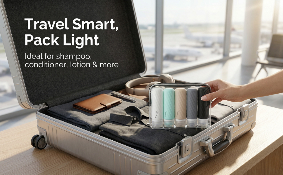 Travel toiletry bottles in clear bag packed inside carry-on luggage