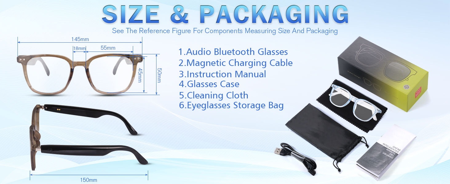 Size &amp;amp; Packaging of bluetooth smart glasses for women &amp;amp; men