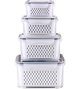 Ronanemon 4 Pack Fridge Food Storage Container Set with Lids with Strainer, Fruit Vegetable Stora...