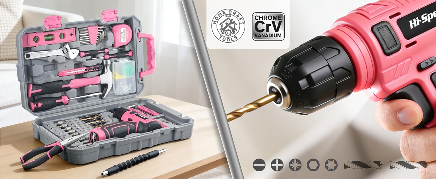 Hi-Spec 8V USB Pink Drill Driver and Home Tool Kit