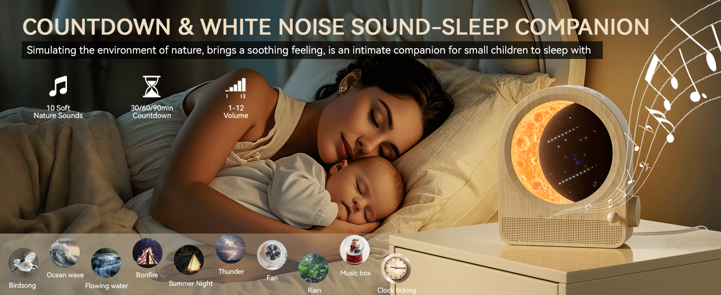 White noise machine with countdown timer and moon-shaped night light. Features various sound options including lullabies, nature sounds, and white noise for sleep aid.