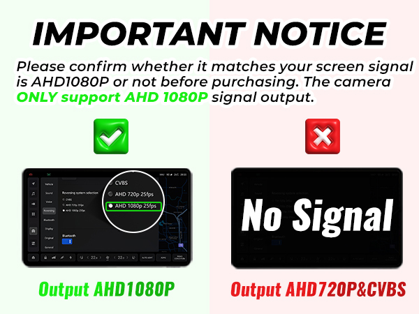 Text reads 'IMPORTANT NOTICE', 'Output AHD1080P', 'No Signal', 'Output AHD720P@CVBS'. Comparison images showing signal output options for camera settings.