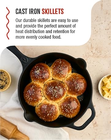 A cast-iron pan with food. Text reads: Durable skillets.