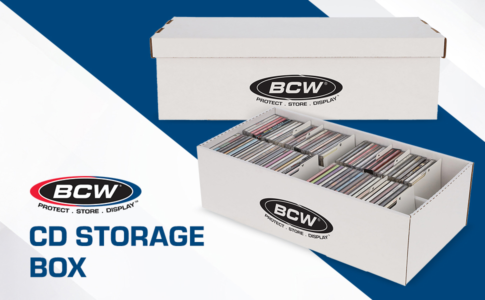 BCW CD storage box shown open and closed, with interior compartments for organized CDs.