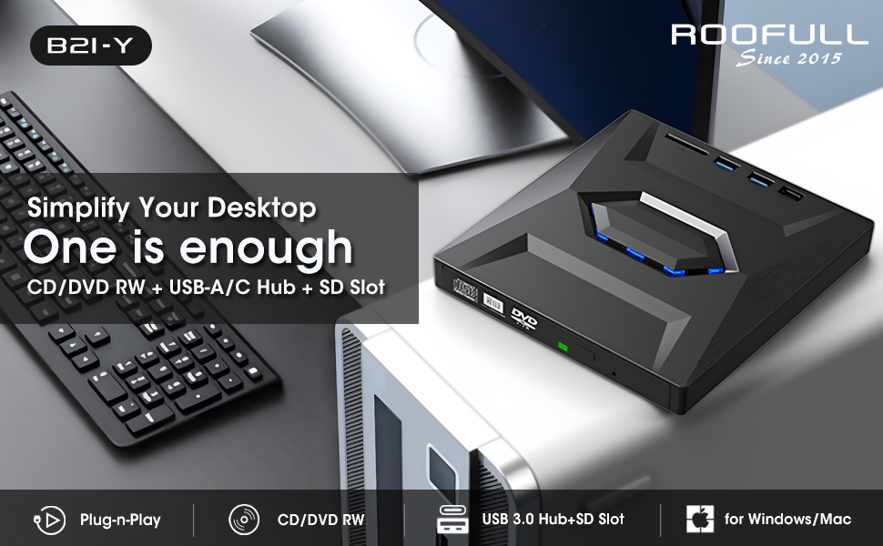 ROOFULL B21-Y External CD DVD Drive USB 3.0 & USB-C USB Port and SD Card Slot for Windows