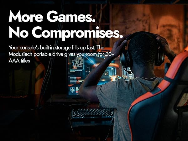 Gamer at desk wearing headphones playing console game with ModusTech Facet drive for game storage
