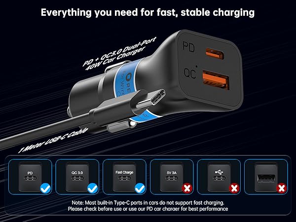 car charger with 1 meter cable